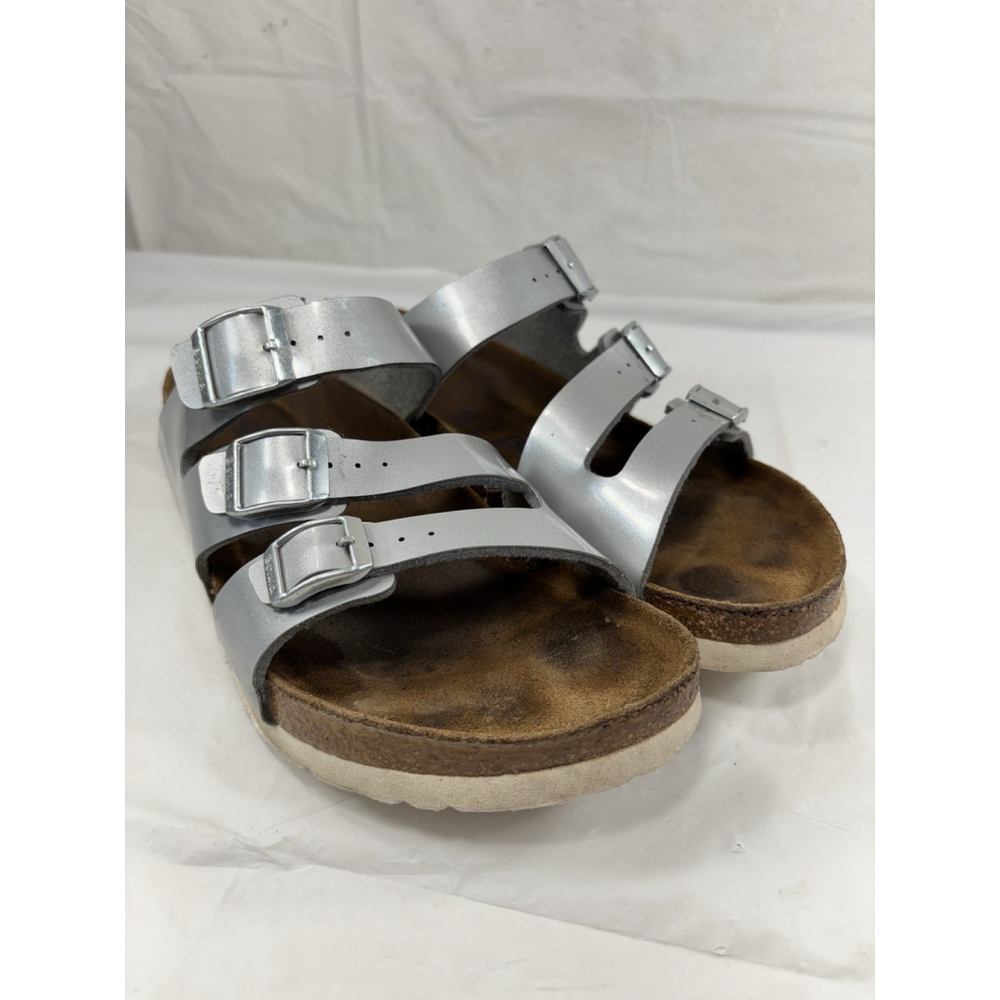 Women’s Silver Triple-Buckle Sandals with Contoured Footbed